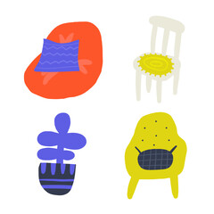 Living room interior objects set. Cute hand drawn doodle house furniture inside items, chair, armchair, plant, pot, pouf, pouf chair, ottoman bag, sofa. Modern flat apartment elements