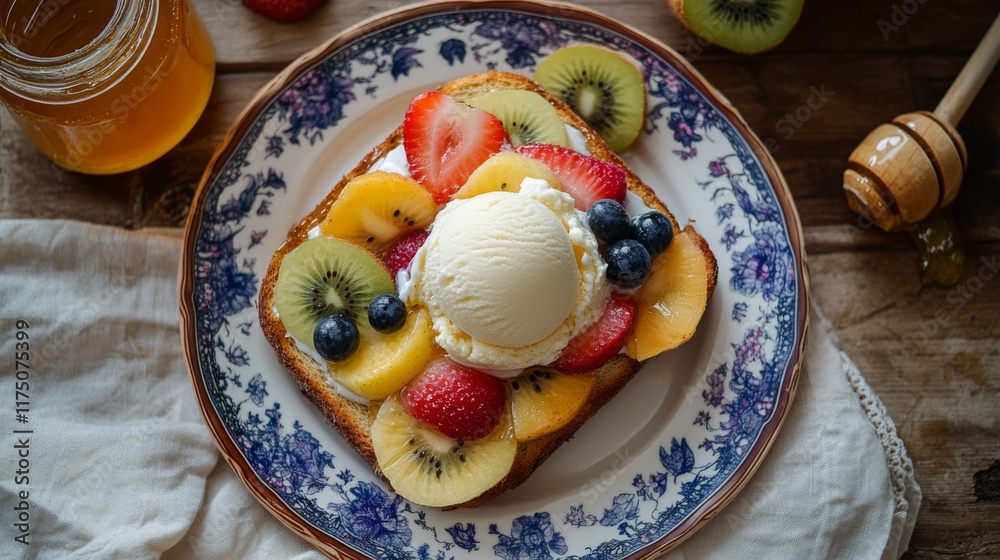 Poster a top-down view of a decadent honey toast adorned with fresh fruit slices and a scoop of ice cream, 