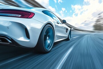 Naklejka premium White business car taking a sharp turn at high speed while blue car zooms on the highway