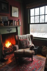 Fototapeta premium Cozy armchair, fireplace, winter scene, books, antique room.