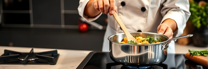 Chef stirring a pot on stovetop in modern kitchen with fresh herbs, creating a gourmet culinary masterpiece, stovetop, chef, healthy eating