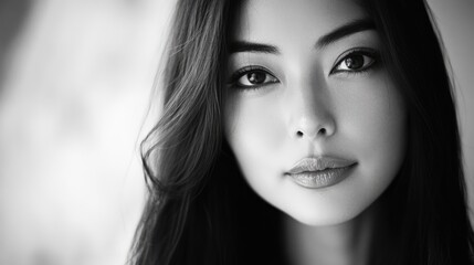 Naklejka premium Black and white portrait of a young woman with long hair