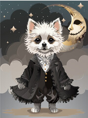 Cute dog on the costume in the dark grey backround 