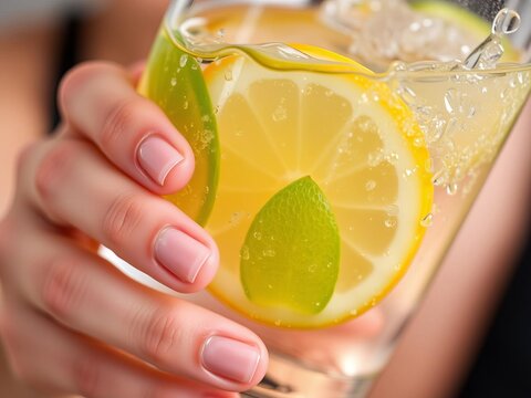 Close-up of a woman's hand holding a glass of water with fresh lemon slices, with focus on the condensation on the glass, water, hydration, citrus
