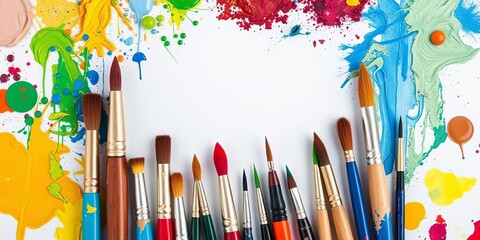 Close up shot of blank canvas with art supplies, paints, brushes and step by step guide, close up, blank, colorful