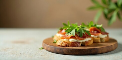 Delicious Appetizer Crostini with Creamy Spread and Delicate Herb Garnish on Wooden Board