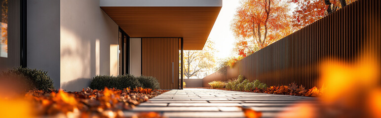 modern house with garden architecture and privacy screen in an autumnal ambience