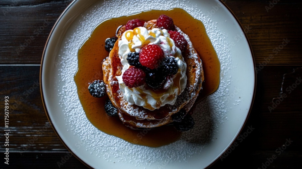 Aufkleber a top-down view of a plate of honey toast stacked high, generously topped with whipped cream, fresh 