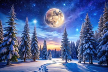 Fototapeta premium Serene winter solstice night: a bright moon illuminates a snow-covered forest under a starry sky.