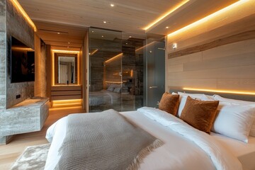 Fototapeta premium Luxurious bedroom, wood walls, warm lighting, comfortable bed.