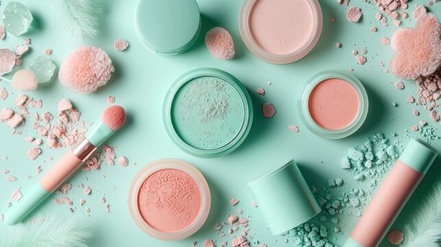 Pastel Makeup Products Arranged Aesthetically On Mint Background
