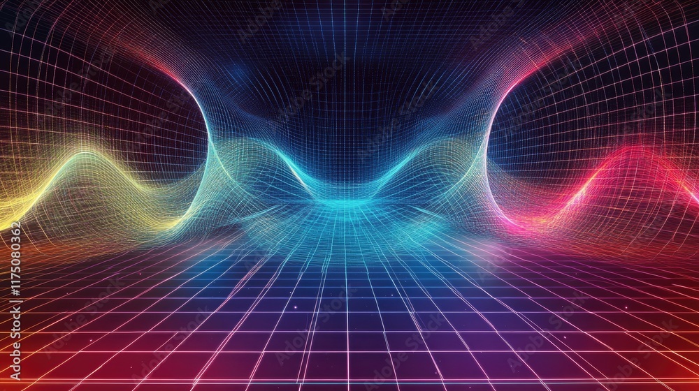 Poster a digital representation of electromagnetic waves in various frequencies, moving across a grid in a 