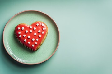 A heart - shaped cookie with red icing and white polka dots on a pastel green plate. Blank space is beside the plate Valentine’s Day card