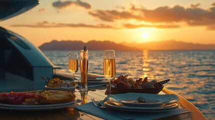 Luxurious yacht dining with champagne and gourmet food at sunset on the open sea, perfect luxury lifestyle and travel concept.
