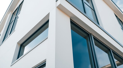A low-angle view of a modern building's exterior.  The building is predominantly white with large, dark-framed windows reflecting the sky. The image emphasizes architectural lines and clean design.
