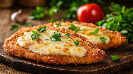 Crispy Chicken Breast with Cheese and Fresh Herbs on Wooden Board