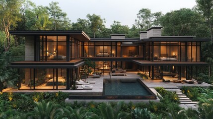 Fototapeta premium Luxurious modern house with pool, nestled in lush tropical foliage at dusk.