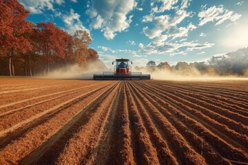 Obraz premium A powerful tractor working diligently in a golden harvest field, capturing the essence of agriculture, hard work, and seasonal change under a dramatic sky.