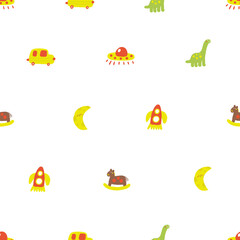 Kids room interior seamless pattern. Cute hand drawn doodle house children, nursery repeatable pattern with rocket, ufo, transport, space ship, horse, car, taxi, moon. Modern baby background