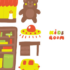 Kids toys cute hand drawn doodle composition, banner, template with funny hand drawn doodle teddy bear, ufo, car, window, closet, cabinet, table, car, toys. Modern children room elements