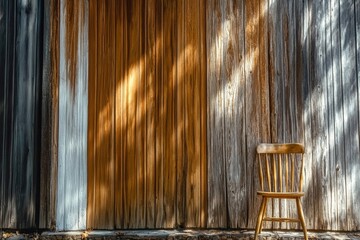 This photograph features a simple wooden chair positioned in front of a rustic wall, showcasing textures and colors that evoke nostalgia and a sense of home.