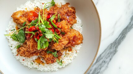 Fototapeta premium A top-down view of a well-presented plate of fried chicken on a bed of rice, with a touch of chili and fresh herbs, captured with soft natural lighting