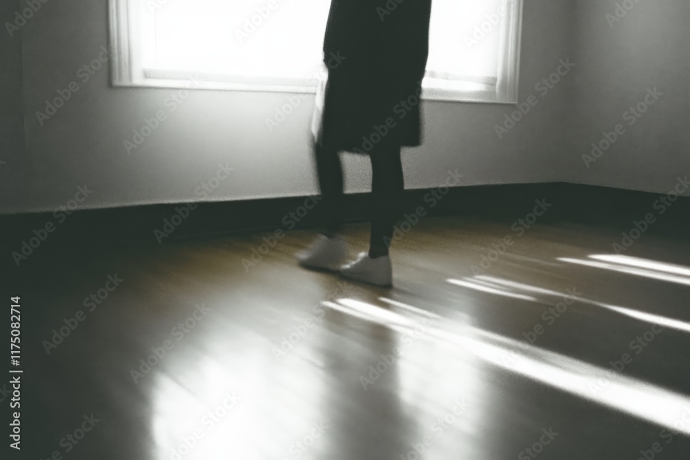 Poster A soft-lit image capturing the shadows of a figure in a minimalist room, creating an atmosphere of contemplation, solitude, and introspection, highlighting the play of light and shadows.