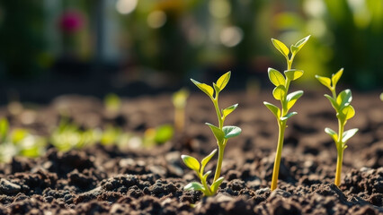 Green seedlings growing in dark soil