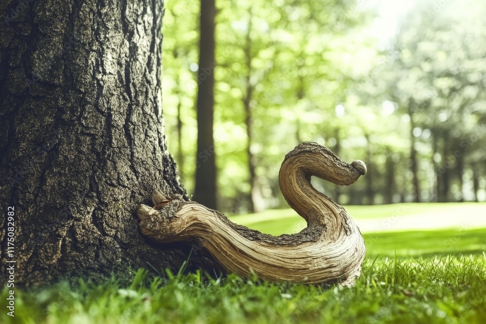 Poster an imaginative wooden sculpture resembling a duck emerges from the base of a tree, symbolizing artis