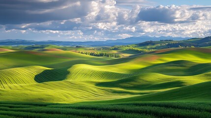 Obraz premium Lush Green Cropland Under Bright Skies: A Breathtaking Agricultural Landscape Full of Life and Growth Awaiting the Harvest Season