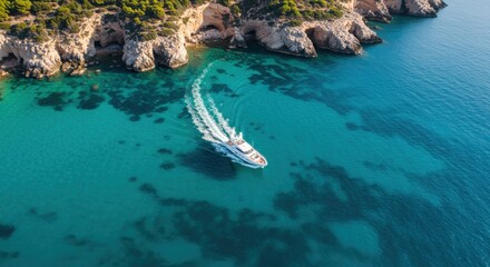 Fototapeta premium Aerial view, tropical coastline, turquoise water, rocky cliffs, white yacht, wake trail, crystal clear ocean, Mediterranean landscape, drone photography, high contrast, vibrant colors, summer vacation
