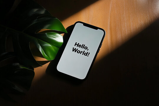 Minimalist Phone Display with "Hello, World!"