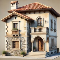 Illustration of a two-story stone house