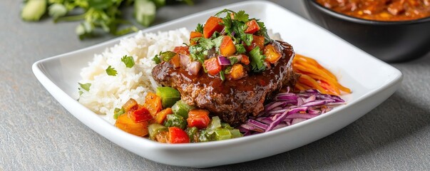 Fototapeta premium Colorful Plate of Grilled Meat with Fresh Vegetables and Rice Served in a Modern Setting