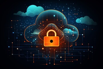 Abstract cloud with a padlock icon and glowing data streams, symbolizing cybersecurity protection.