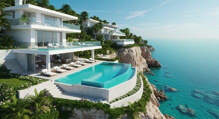 Obraz premium Luxurious cliffside villa, infinity pool, Mediterranean architecture, turquoise ocean view, white modern building, rocky coastline, blue sky, tropical vegetation, sunlit terrace, glass balconies, drea