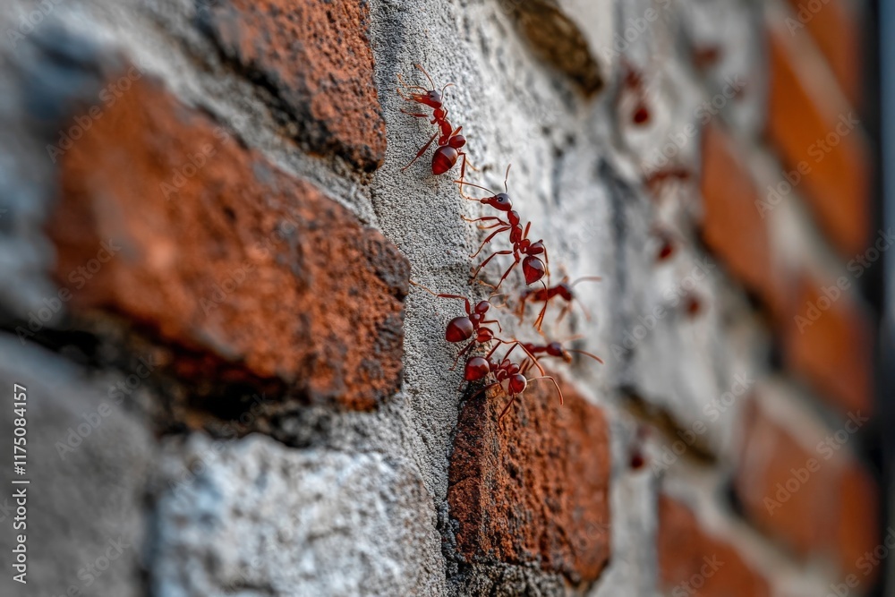 Aufkleber A close-up shot of red ants navigating a textured brick wall, showcasing their intricate movement and the unique patterns of the bricks around them, invoking curiosity.