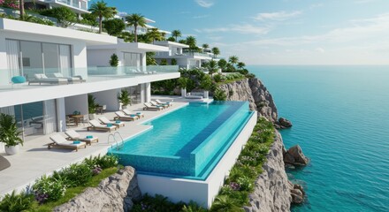 Fototapeta premium Luxurious cliffside villa, infinity pool, Mediterranean architecture, turquoise ocean view, white modern building, rocky coastline, blue sky, tropical vegetation, sunlit terrace, glass balconies, drea