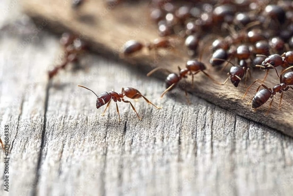 Aufkleber a detailed image capturing individual ants on a textured wooden surface, emphasizing their intricate