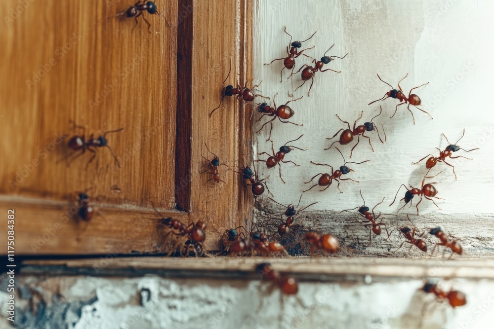 Poster a captivating image of ants congregating at the corner of a vintage wooden cabinet, blending element