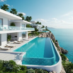 Luxurious cliffside villa, infinity pool, Mediterranean architecture, turquoise ocean view, white modern building, rocky coastline, blue sky, tropical vegetation, sunlit terrace, glass balconies, drea