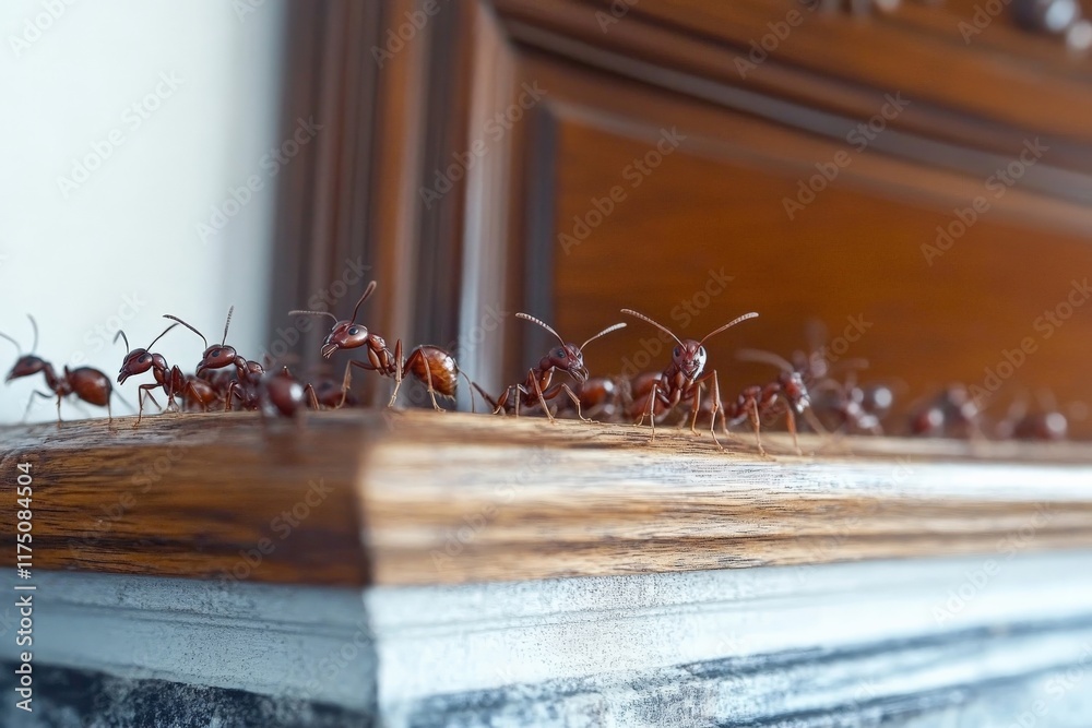 Poster A close-up view reveals a line of ants traversing the edge of a beautifully designed wooden surface, symbolizing their ceaseless movement and unity in nature.