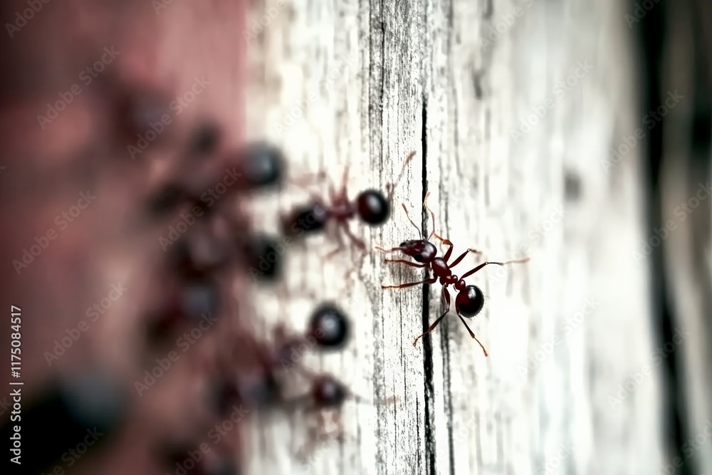 Aufkleber several red ants are seen scurrying across an aged wooden surface, offering a detailed look at their