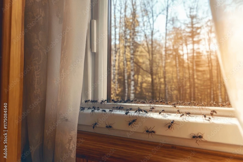 Poster a close-up view of numerous ants crawling along a window sill, beautifully illuminated by warm sunli