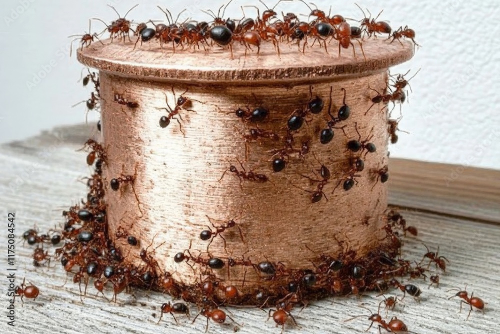 Poster a fascinating scene shows ants crawling over a metal container, capturing the chaos and beauty of na