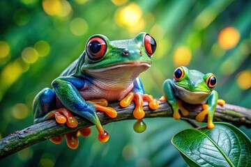 Fototapeta premium Macro Photography: Javan Tree Frog on Lush Green Leaf & Branch in Rainforest