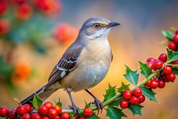 Macro Photography: Northern Mockingbird Eye Contact Holly Berries