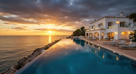 Obraz premium Luxurious coastal villa, infinity pool overlooking ocean, dramatic sunset sky, golden hour light, cliffside property, Mediterranean architecture, panoramic sea view, tranquil reflections, elegant outd