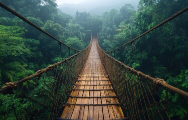 Fototapeta premium Jungle rope bridge walkway, misty rainforest background, adventure travel