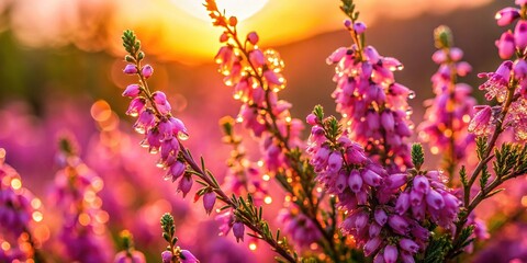 Obraz premium Macro Pink Heather Bloom, Posbank National Park Sunset Dew